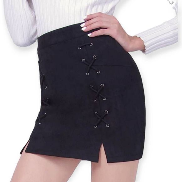 Black Faux Suede Lace Up Mini Skirt XL - Picture 2 of 9